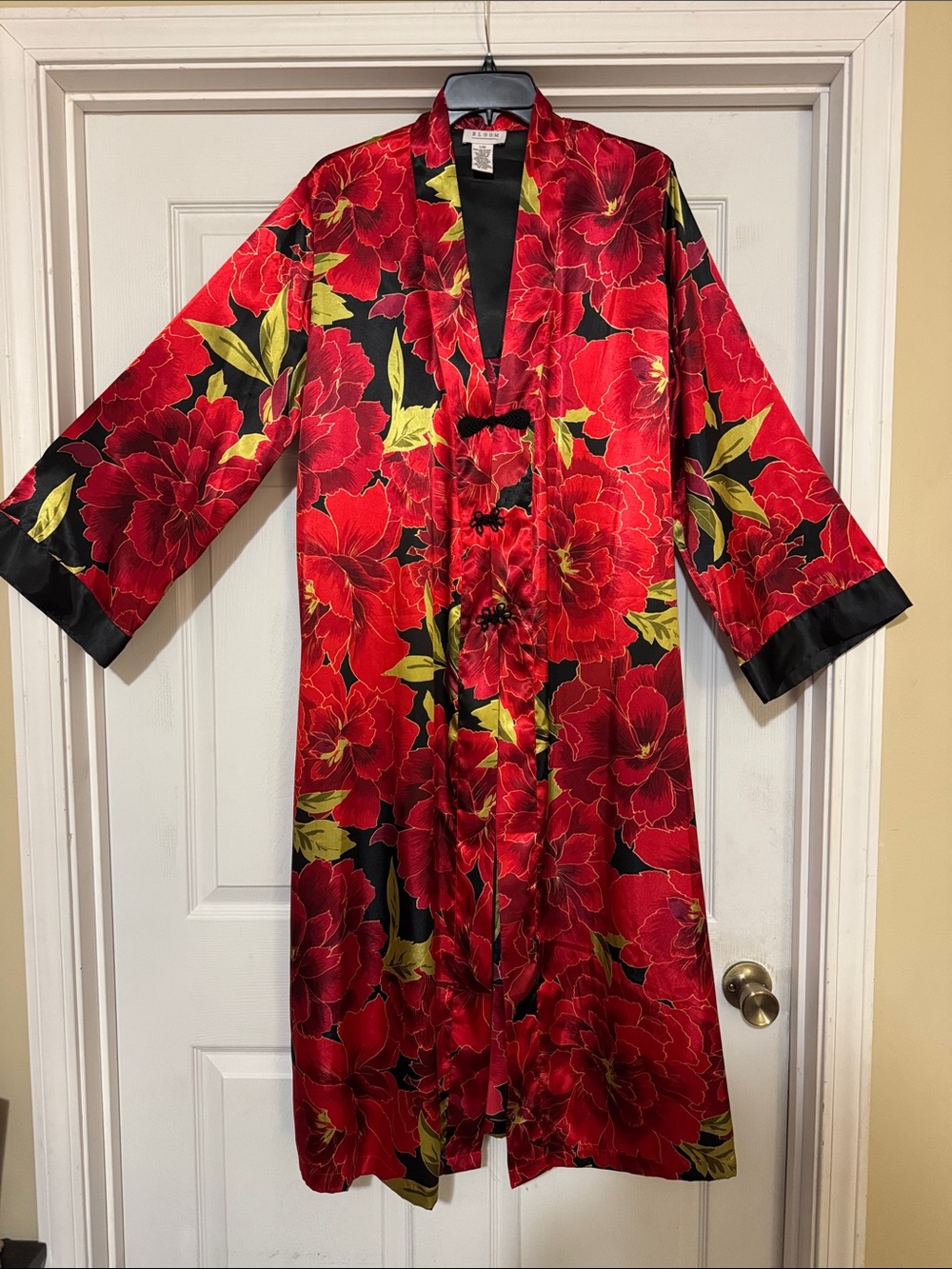 bloom Satin Kimono Robe Red Floral with Black Trim 239